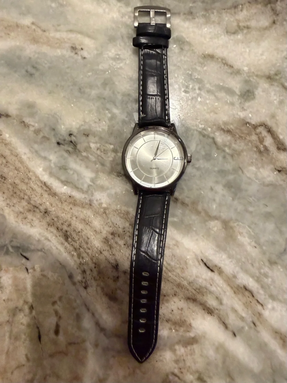 Men's Black Leather Strap Watch with Silver Dial